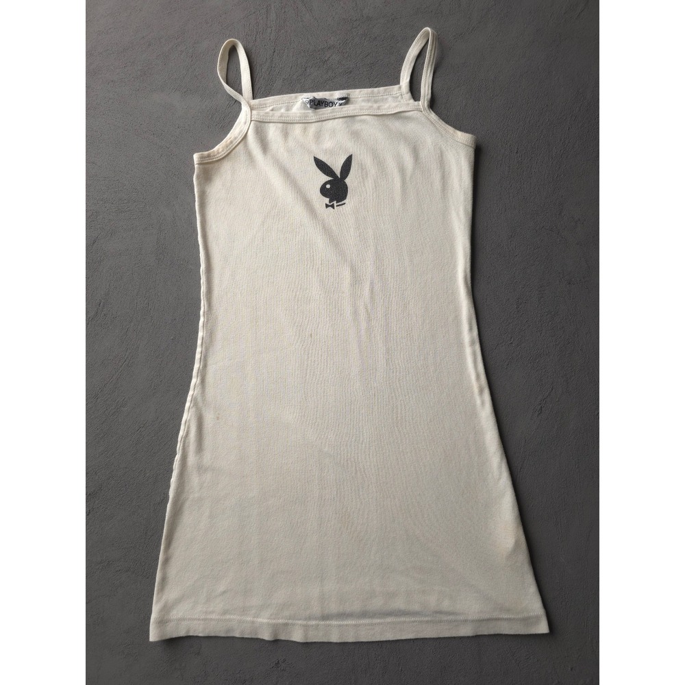 Vintage 90s Playboy Cream Mini Dress M Bunny Logo Spaghetti Strap